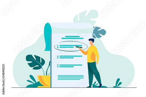 Manager prioritizing tasks in to do list. Man taking notes, planning his work, underlining important points. Vector illustration for agenda, checklist, management, efficiency concept