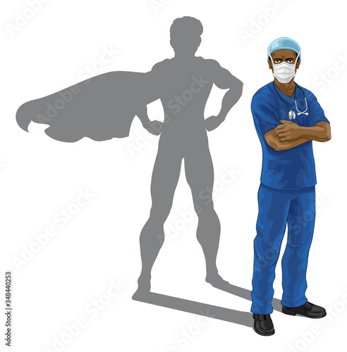A nurse or doctor super hero in surgical or hospital scrubs with stethoscope and mask PPE. With arms folded and serious but caring look. Revealed as a superhero by the shape of his shadow.