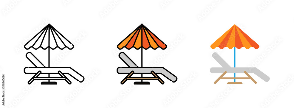 Beach chairs and umbrellas icon set isolated on white background.
