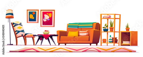 Boho, bohemian living room interior, wooden furniture, couch, shelf with plants, rag with geometric pattern, abstract paintings on wall, coffee table, hipster style design. Cartoon vector illustration