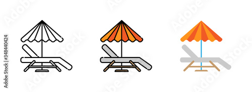 Beach chairs and umbrellas icon set isolated on white background.