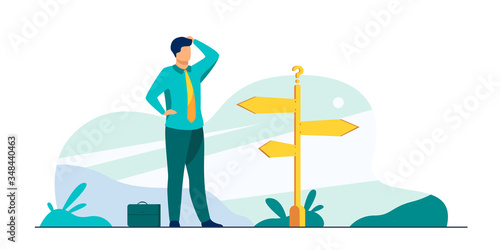 Pensive businessman making decision. Man in office suit standing at road direction signs. Vector illustration for opportunity, solution, idea concept