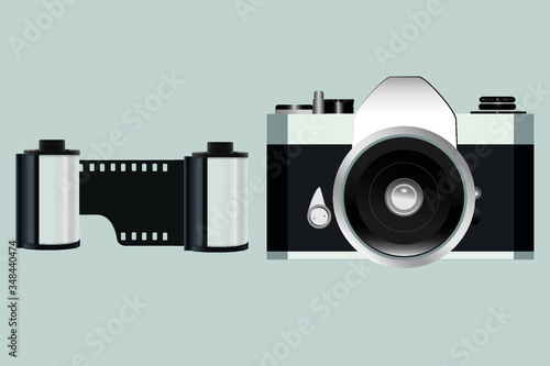 Analog camera and two film rolls. Equipment for analog photography. Negative camera. Color and black and white negative film rolls. A retro hobby. Monochrome illustrations.