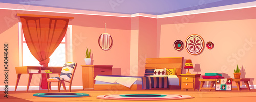 Boho, bohemian bedroom interior, empty room with wooden furniture, bed, plants, round rags with geometric pattern, hipster style decoration on wall, table, vintage design, Cartoon vector illustration