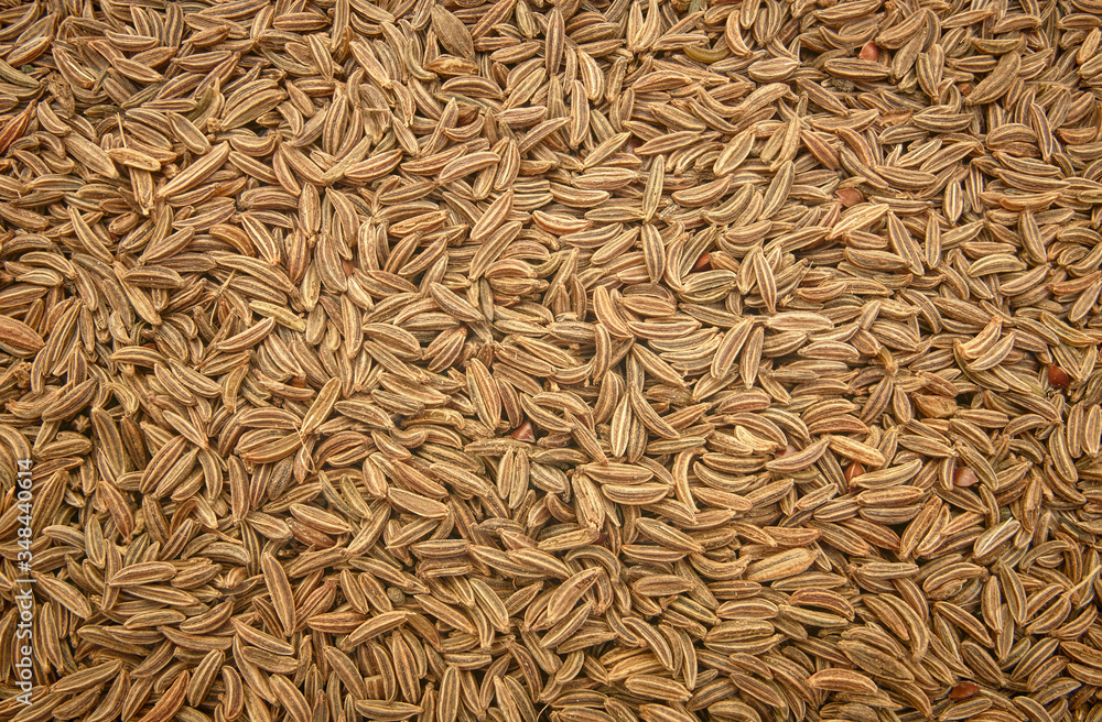 Surface covered with cumin seeds as a backdrop texture composition