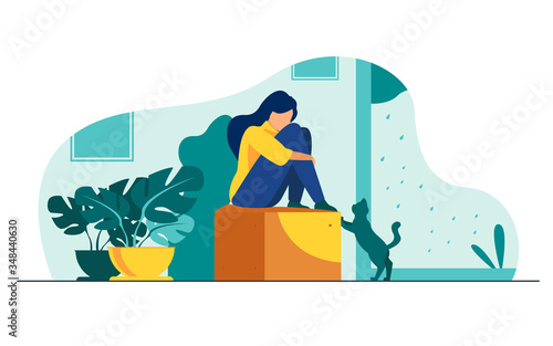 Lonely girl suffering from depression. Unhappy depressed young woman sitting, curling on couch at home, crying. Vector illustration for mental illness, sadness, stress concept