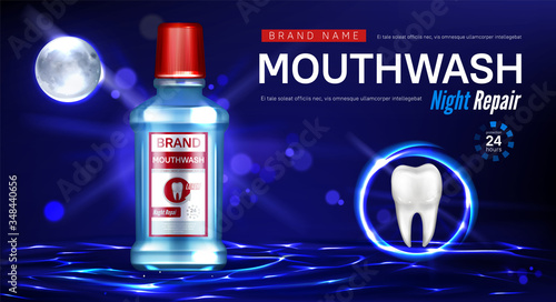 Mouthwash bottle and tooth in glowing sphere on water surface at night. Vector realistic brand poster with product for dental care, night repair oral rinse. Promo banner, advertising background