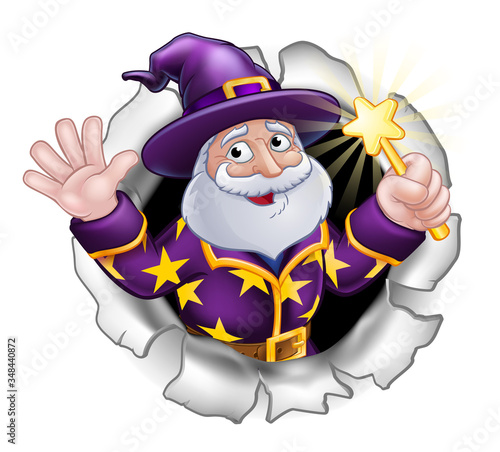 Wizard cartoon character breaking through the background holding a wand