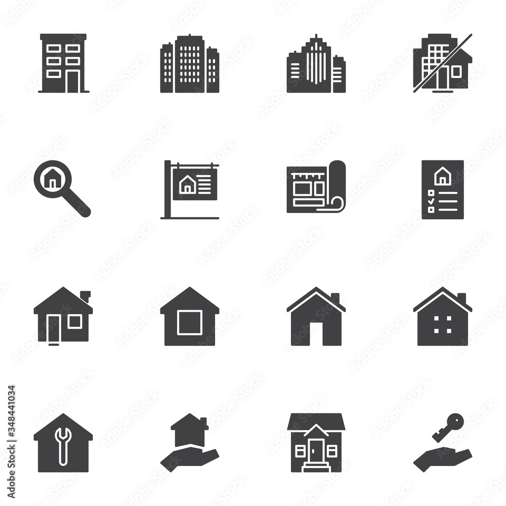 Real estate service vector icons set, modern solid symbol collection, filled style pictogram pack. Signs, logo illustration. Set includes icons as apartment house, building blueprint plan, home repair