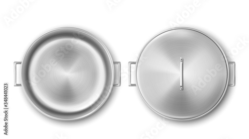 Metal pot, cooking pan top view. Vector realistic mockup of empty steel saucepan open and closed by lid. Stainless casserole with handles isolated on white background