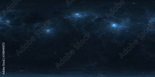 Fototapeta Naklejka Na Ścianę i Meble -  360 degree interstellar cloud of dust and gas. Space background with nebula and stars. Glowing nebula. Panorama, environment 360° HDRI map. Equirectangular projection, spherical panorama