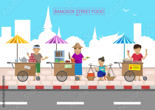 Bangkok street food very famous and easy to eat such as papaya salad, thai tea, pork balls grill.