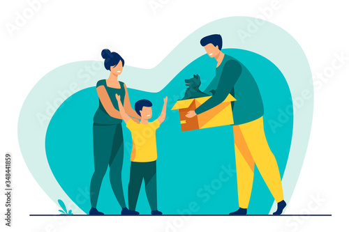 Happy family with child adopting pet. Father giving box with puppy dog to his son. Vector illustration for animal care, adoption, charity concept