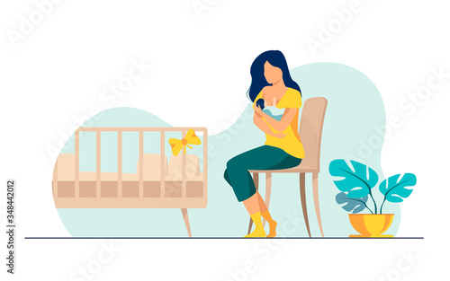 Happy mother breastfeeding her baby flat vector illustration. Cartoon parent giving milk to infant via breast. Health and parenting concept.