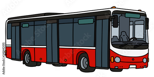 The vectorized hand drawing of a red and white city bus