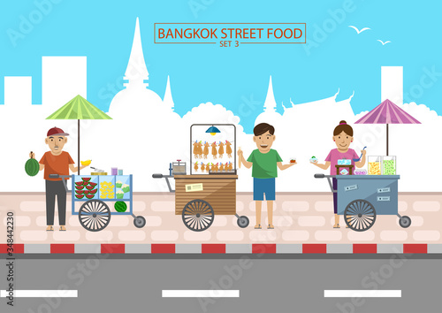 Bangkok Street Food in Thailand Filled with food such as summer fruits,dessert,Grilled squid Delicious and easy to eat.