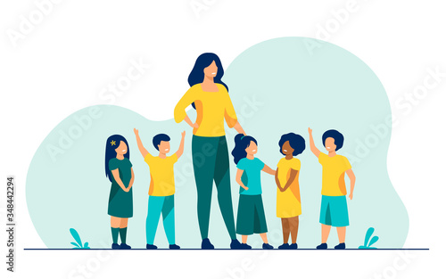 Group of pupils with female school teacher. Diverse children standing by young woman. Vector illustration for pedagogy, kindergarten, education concept