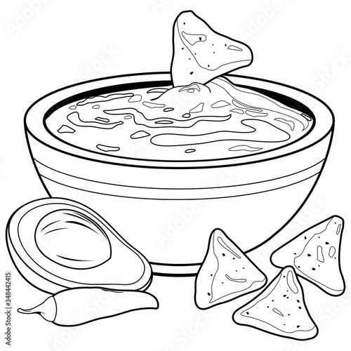Bowl of avocado guacamole and nachos chips. Vector black and white coloring page