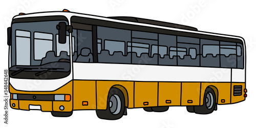 The vectorized hand drawing of a yellow and white touristic bus