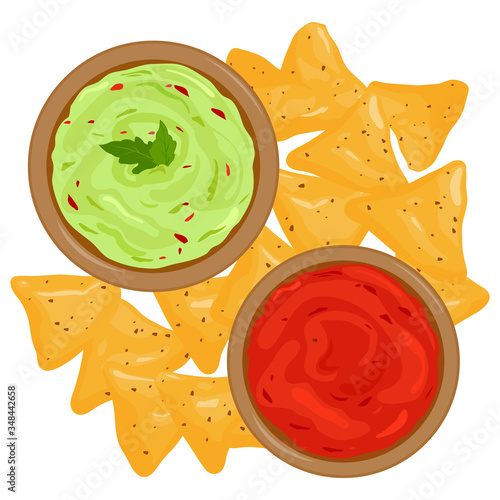 Bowls of avocado guacamole dip, tomato salsa sauce and nachos chips. Vector illustration