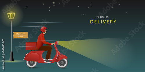 Delivery man riding a red scooter on night. Delivery all time. Delivery 24hours. 