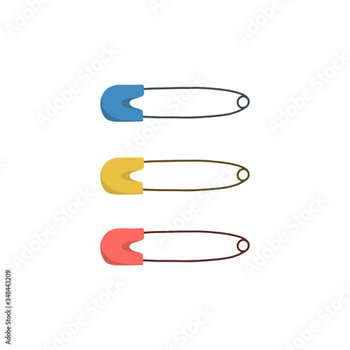 Pins with colored heads: blue, pink and yellow. Set of safety pins and diaper illustration.
