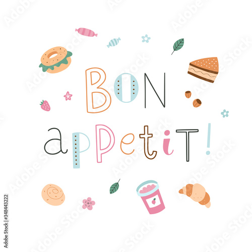 Sweet pastry vector collection. Bakery clipart and lettering isolated on white background. Food theme concept