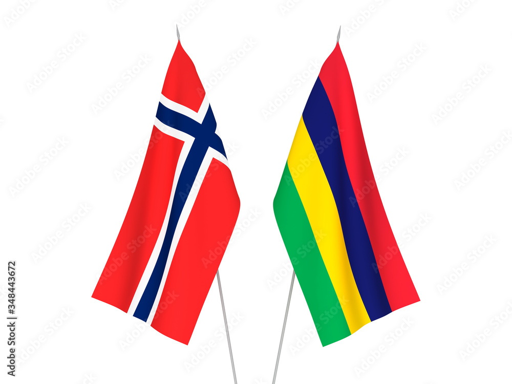 National fabric flags of Norway and Republic of Mauritius isolated on white background. 3d rendering illustration.