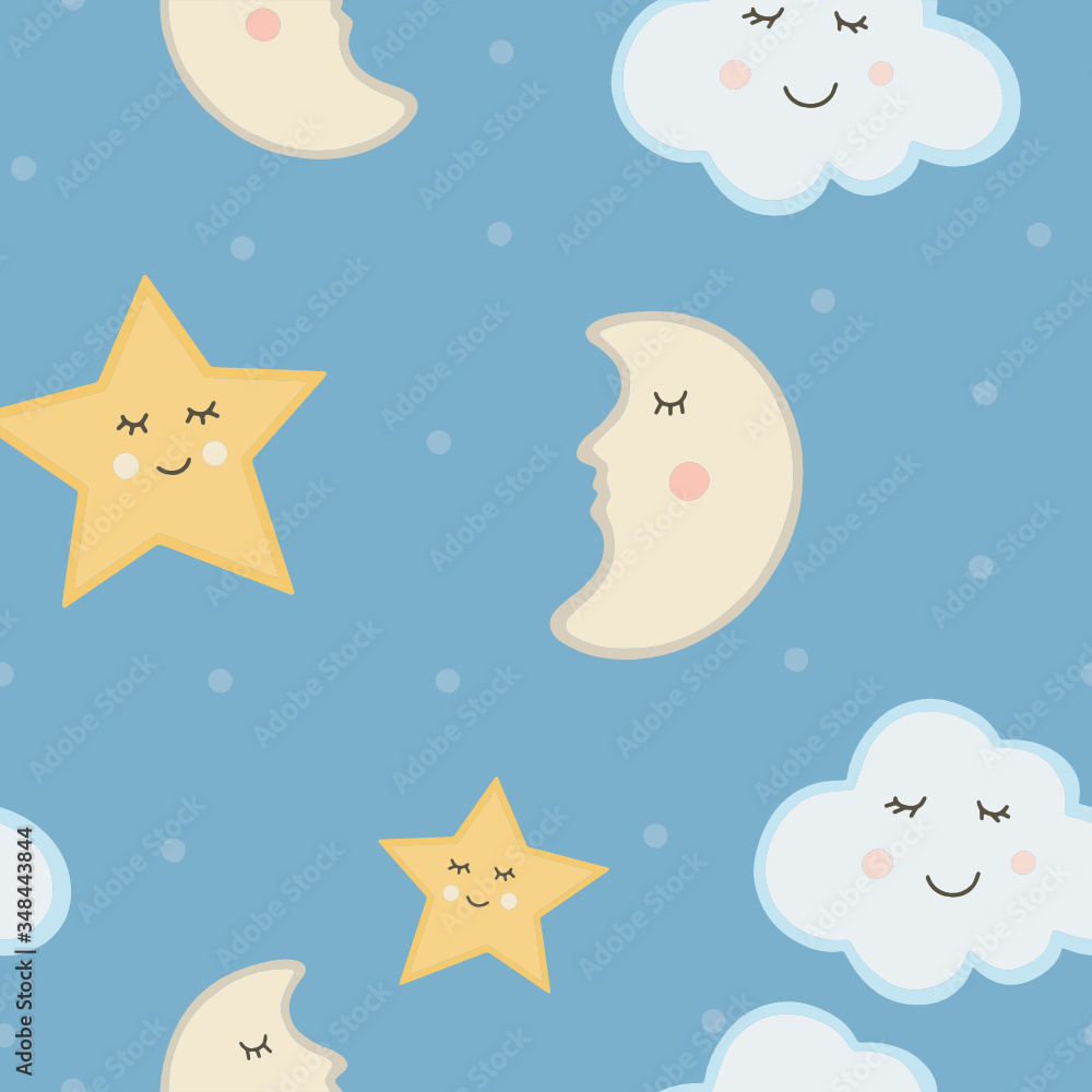 Seamless pattern of star, moon and cloud with faces. Perfect for illustrating a children's theme: parties, children's rooms, baby showers, invitations, postcards.