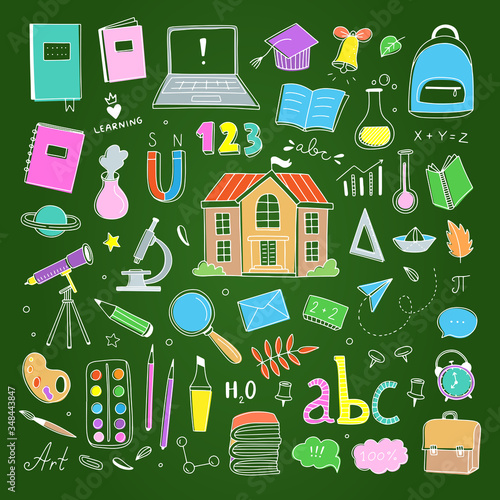 School illustration set. Cute hand drawn learning vector clipart. Back to school concept with different objects and school building