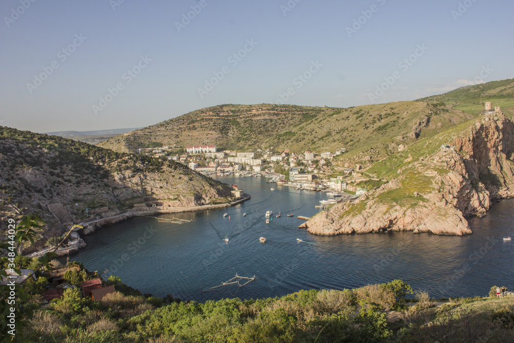 Crimea Sevastopol. Balaclava Bay. Mountains and the sea.