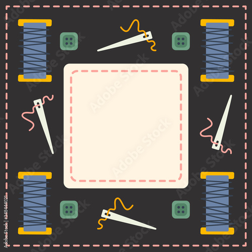 Tailoring note book design vector. Sewing accessories. Threads, needles, buttons elements. Place for text. For social networks, card, post, banner, sale, coupons.