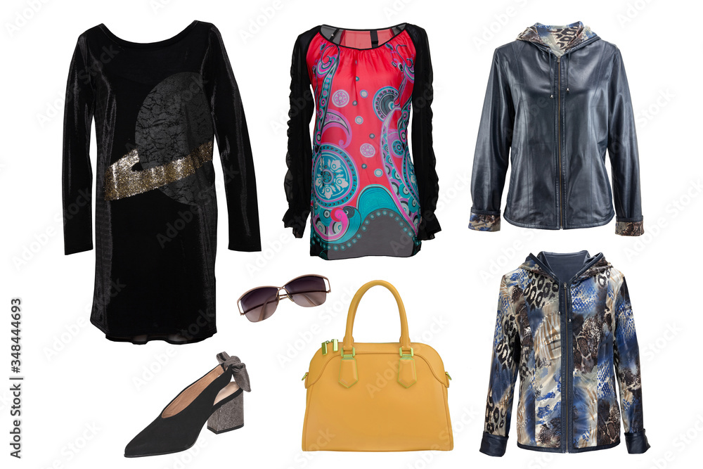 Collage woman clothes. Set of stylish and luxurious trendy women dress, sweater or blouse, jackets, shoes, handbag and accessories isolated on a white background. Collage woman clothes. Set of stylish and luxurious trendy women dress, sweater or blouse, jackets, shoes, handbag and accessories isolated on a white background.