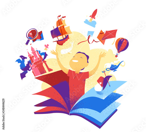 Un bambino felice che appare da un libro. Concetto per lettura dei libri, avventura, immaginazione, racconti, storie, scoperte per bambini. Copertina colorata per libri d'infanzia.