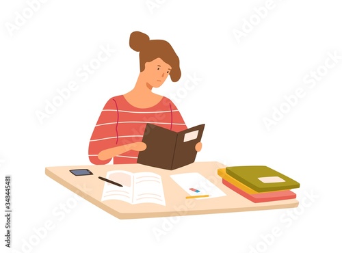 Serious-minded student preparing to exam reading book vector flat illustration. Pupil girl sitting on desk holding textbook isolated on white background. Focused colorful person doing homework