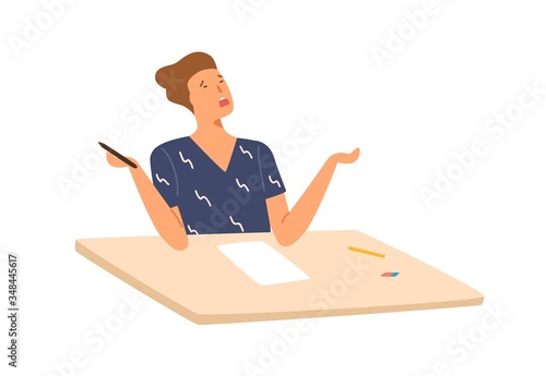 Stressed student boy writing exam test don't know answers vector flat illustration. Male pupil sitting on desk with empty paper isolated on white. Person failed examination at college or school