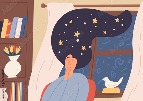Dreaming girl with starry sky in long hair sitting near window vector flat illustration. Daydreaming woman with closed eyes imagining at night. Cartoon female with space instead of hairstyle