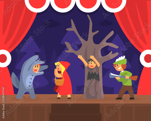 Children Theatre Performance, Kids Actors Performing Red Hood Fairy Tale Show Scene on Stage with Red Curtains Vector Illustration