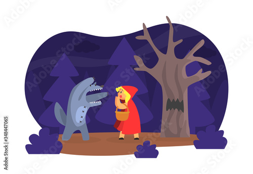 Red Hood Fairy Tale Show Scene, Children Kids Actors Performing on Stage Vector Illustration