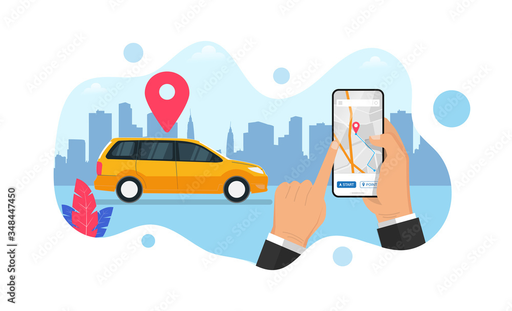Car sharing service. Cartoon Flat web banner car sharing and taxi Service. Urban Application. Male Hand Holding mobile Phone with gps location. Vehicle Rental vector illustration Car sharing service. Cartoon Flat web banner car sharing and taxi Service. Urban Application. Male Hand Holding mobile Phone with gps location. Vehicle Rental vector illustration