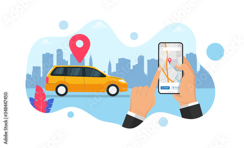 Car sharing service. Cartoon Flat web banner car sharing and taxi Service. Urban Application. Male Hand Holding mobile Phone with gps location. Vehicle Rental vector illustration