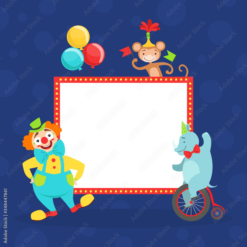 Funny Cheerful Clown and Animals and White Empty Banner, Cute Circus Performers with Blank Sign Board Vector Illustration Funny Cheerful Clown and Animals and White Empty Banner, Cute Circus Performers with Blank Sign Board Vector Illustration
