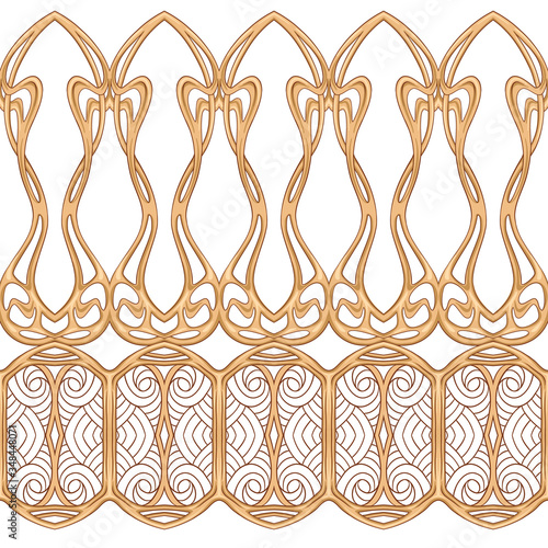 Seamless pattern, border. Wood carving imitation in art nouveau style, vintage, old, retro style. Colored vector illustration Isolated on white background..