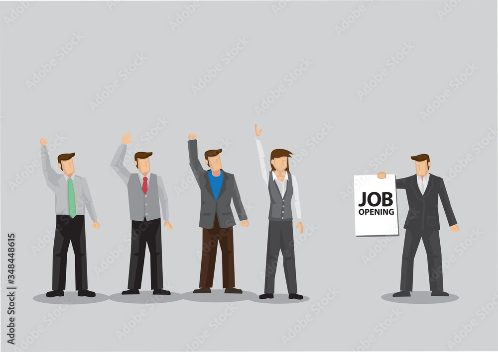 Employees Raise Hands Up for Job Opening Opportunity Cartoon Vector Illustration Employees Raise Hands Up for Job Opening Opportunity Cartoon Vector Illustration