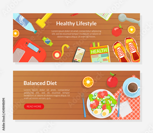 Healthy Lifestyle, Balanced Diet Landing Page Templates Set, Diet Program, Healthy Eating Consultation Mobile App, Homepage Flat Vector Illustration