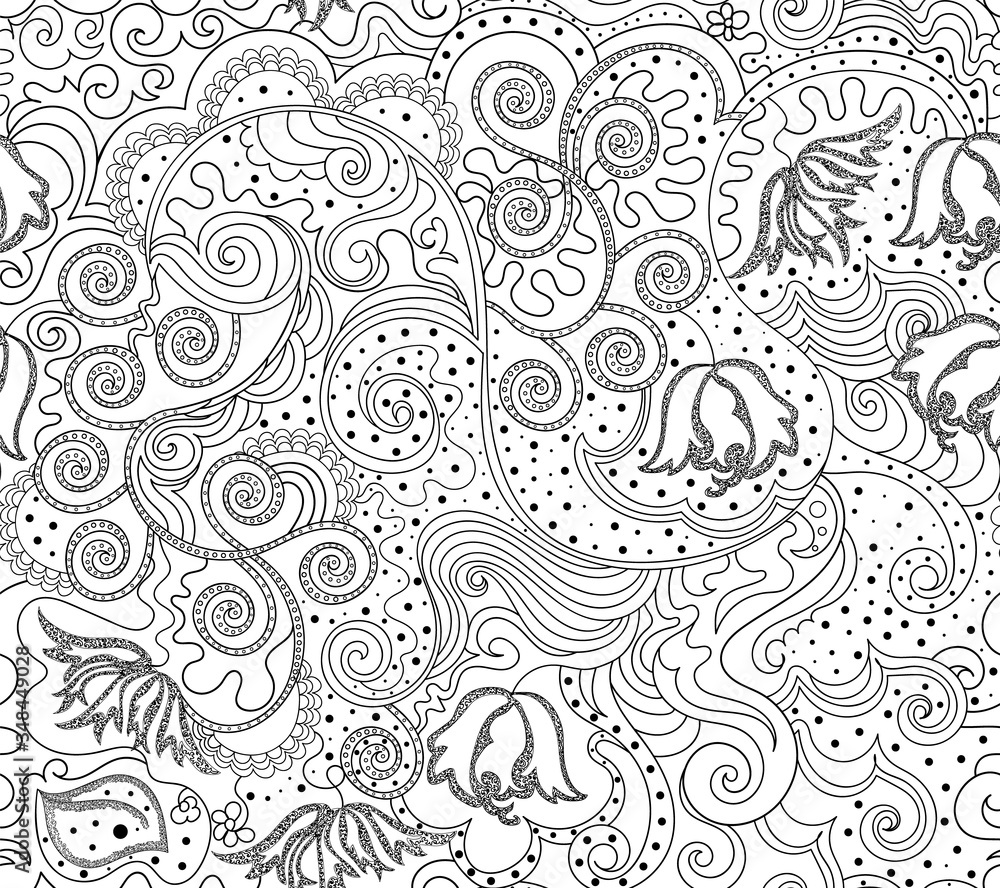 Beautiful abstract vector seamless pattern with handwritten curling lines, doodles and flowers
