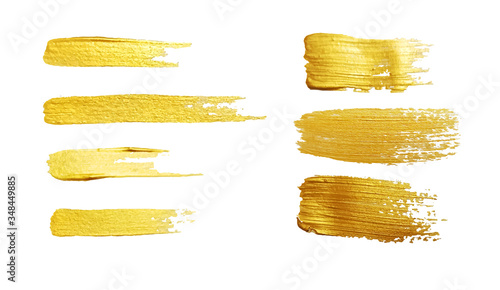 Vector golden paint strokes, stain set. Abstract golden sparkling textured art illustration. Vector	paper, blank, shiny, luxury, shine