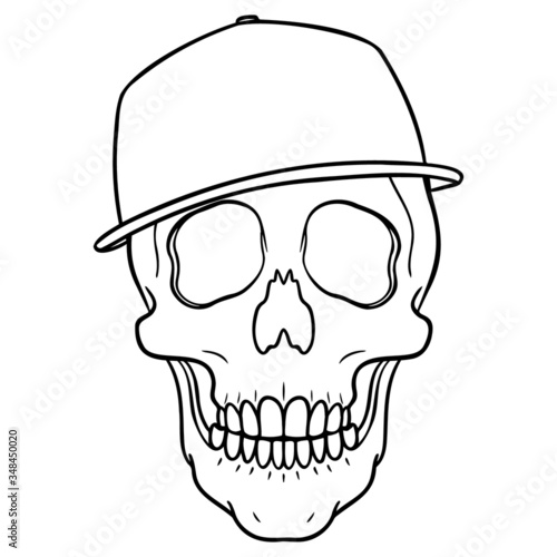 monochrome cool skull with baseball cap on the head. outline, comic, vector, isolated.