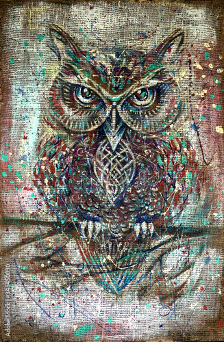 Original painting, an owl sits on a branch, texture of canvas