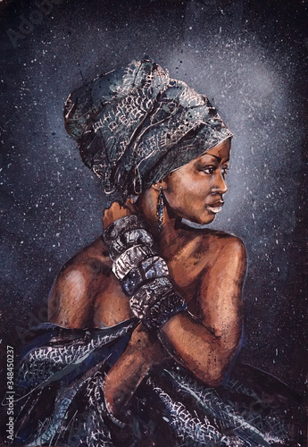 Smiling african woman with bright look in national clothes against the background of the starry sky, the original painting